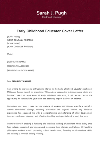 Free Early Childhood Educator Cover Letter Template to Edit Online