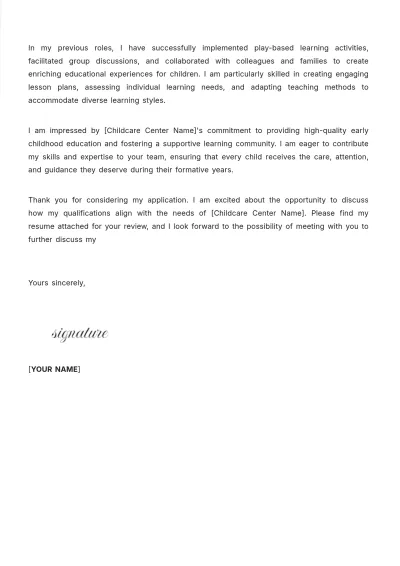Free Early Childhood Educator Cover Letter Template to Edit Online