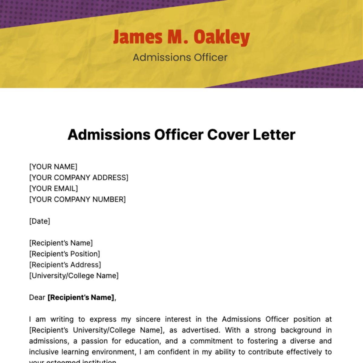 Admissions Officer Cover Letter Template