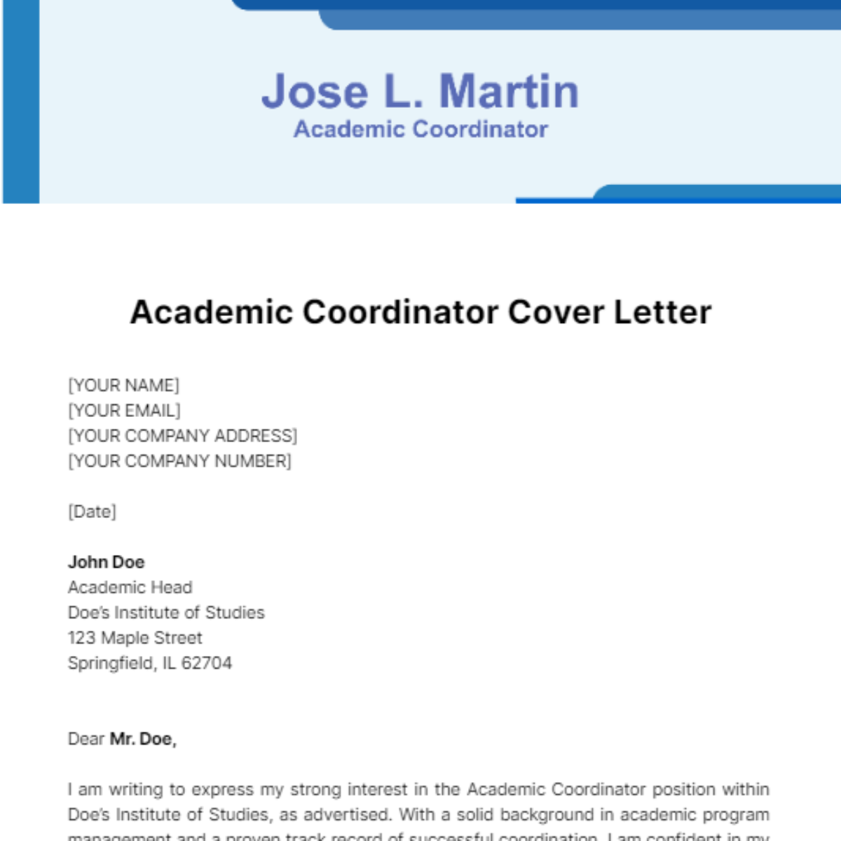Academic Coordinator Cover Letter Template