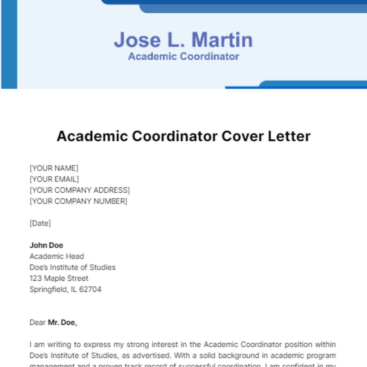 Academic Coordinator Cover Letter Template - Edit Online & Download