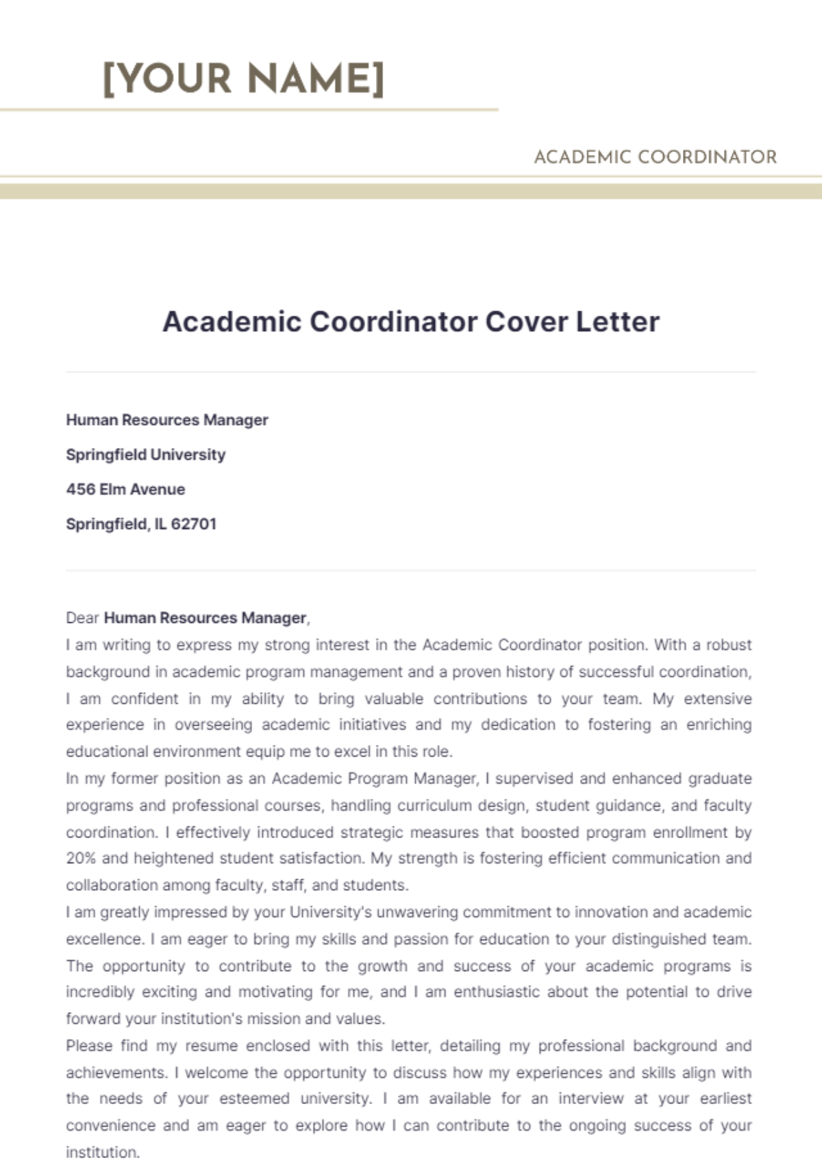 Academic Coordinator Cover Letter