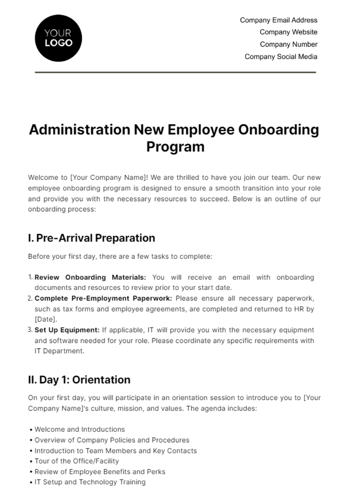 Free Administration New Employee Onboarding Program Template