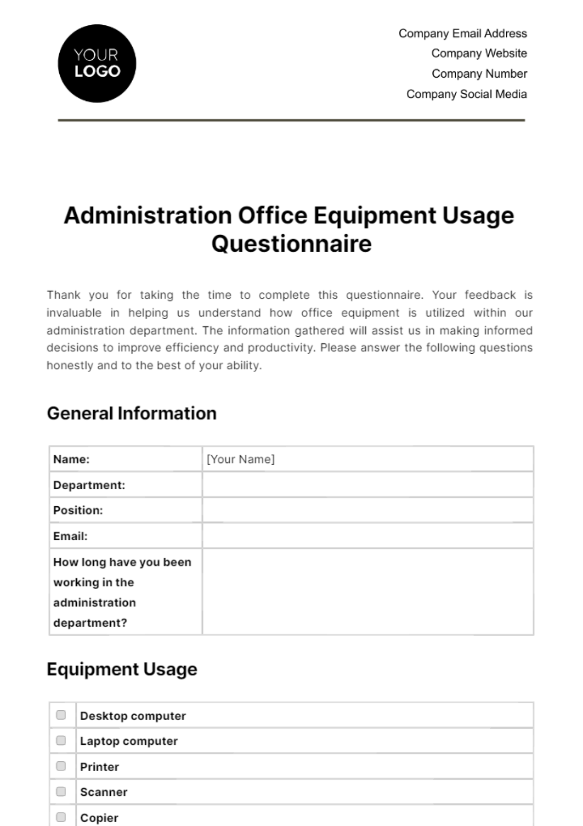 Free Administration Office Equipment Usage Questionnaire Template