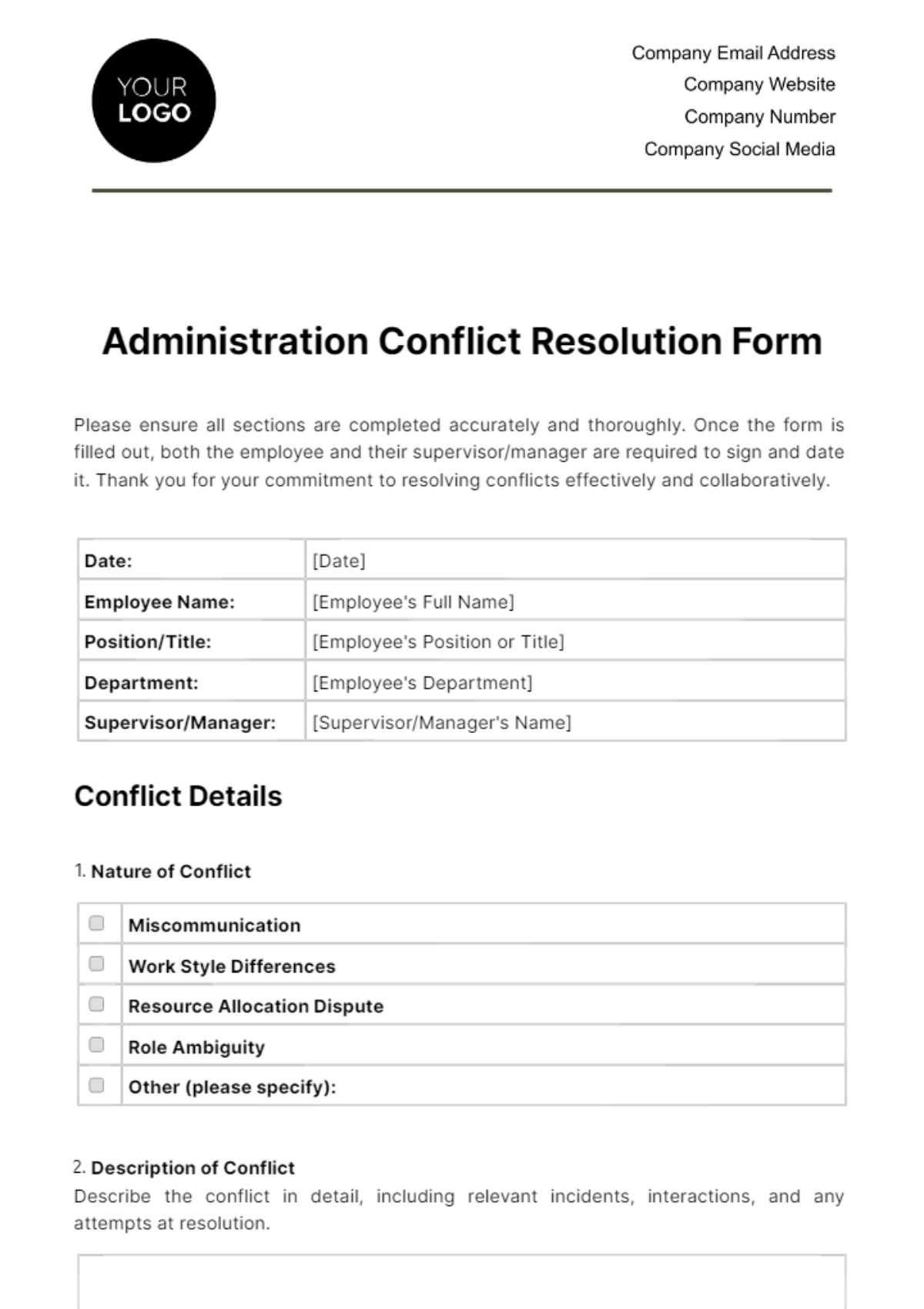 Administration Conflict Resolution Form Template