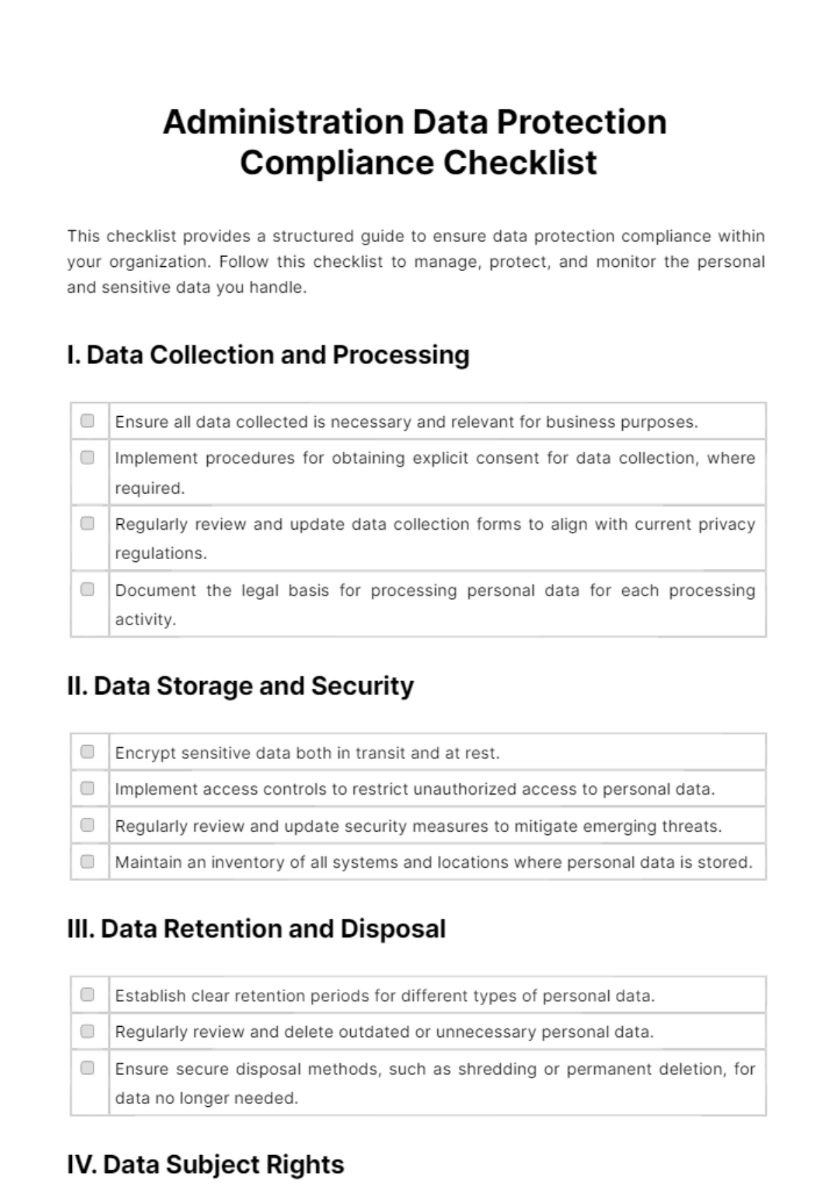 Free Administration Data Protection Compliance Checklist Template