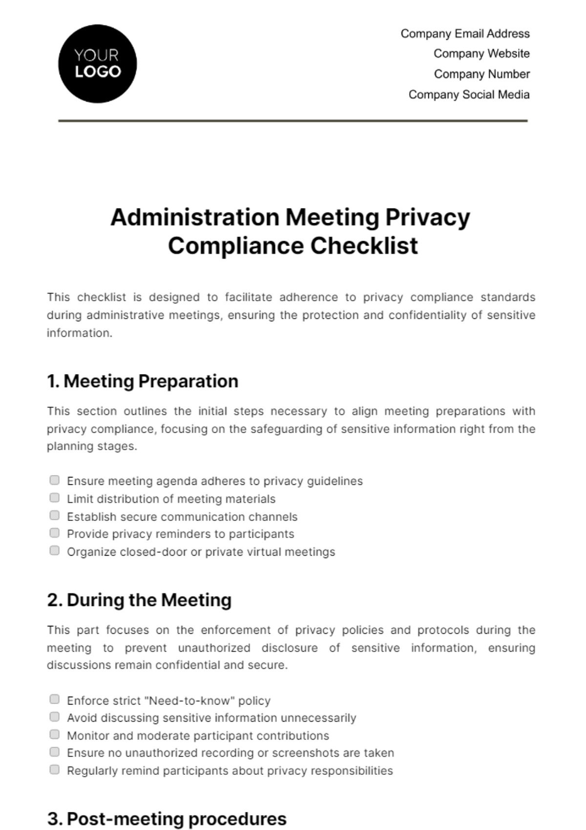 Administration Meeting Privacy Compliance Checklist Template