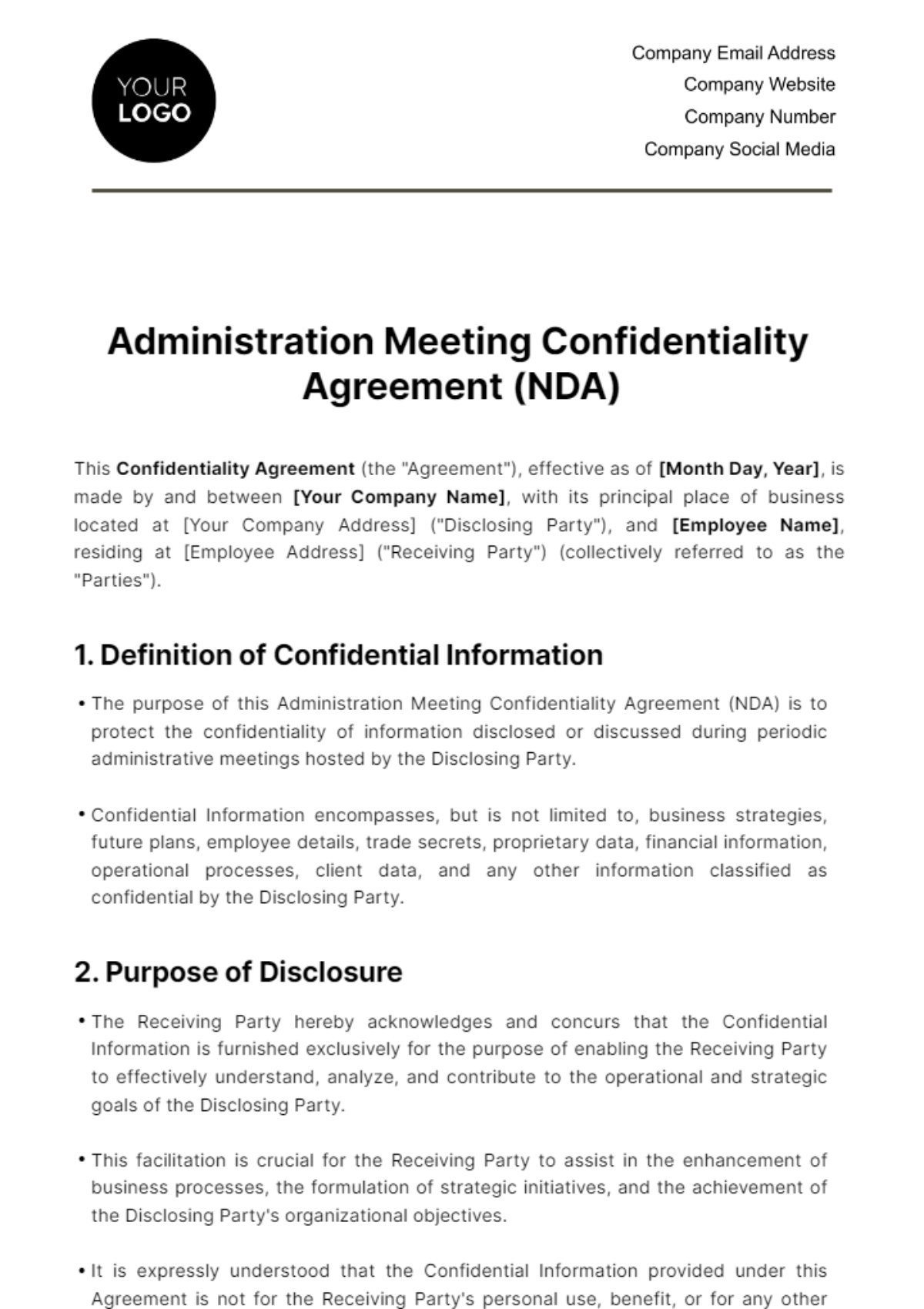 Administration Meeting Confidentiality Agreement (NDA) Template