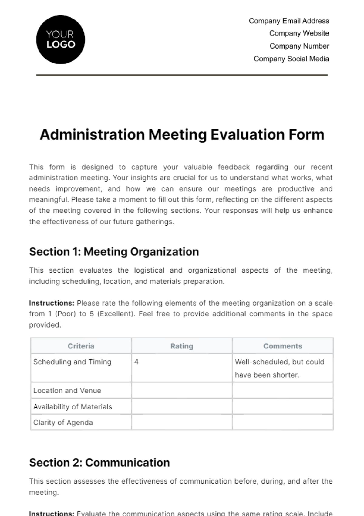 Free Administration Meeting Evaluation Form Template