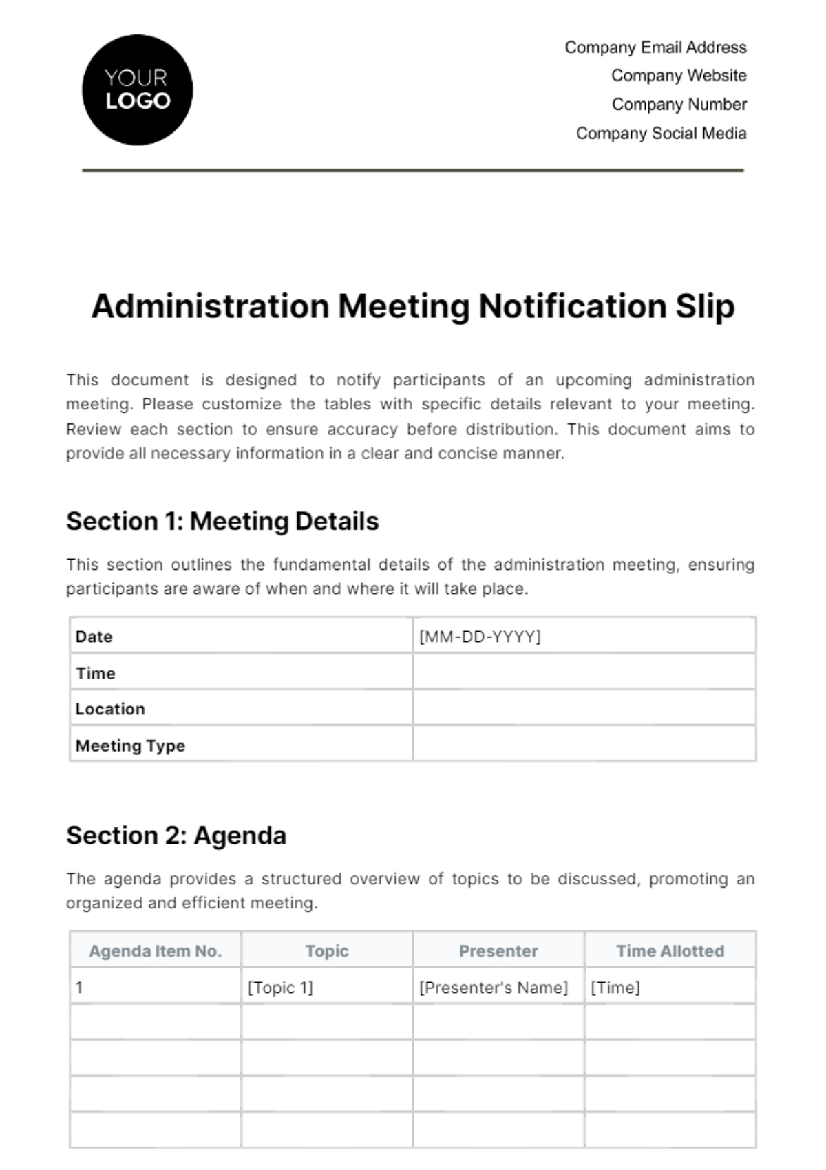 Administration Meeting Notification Slip Template