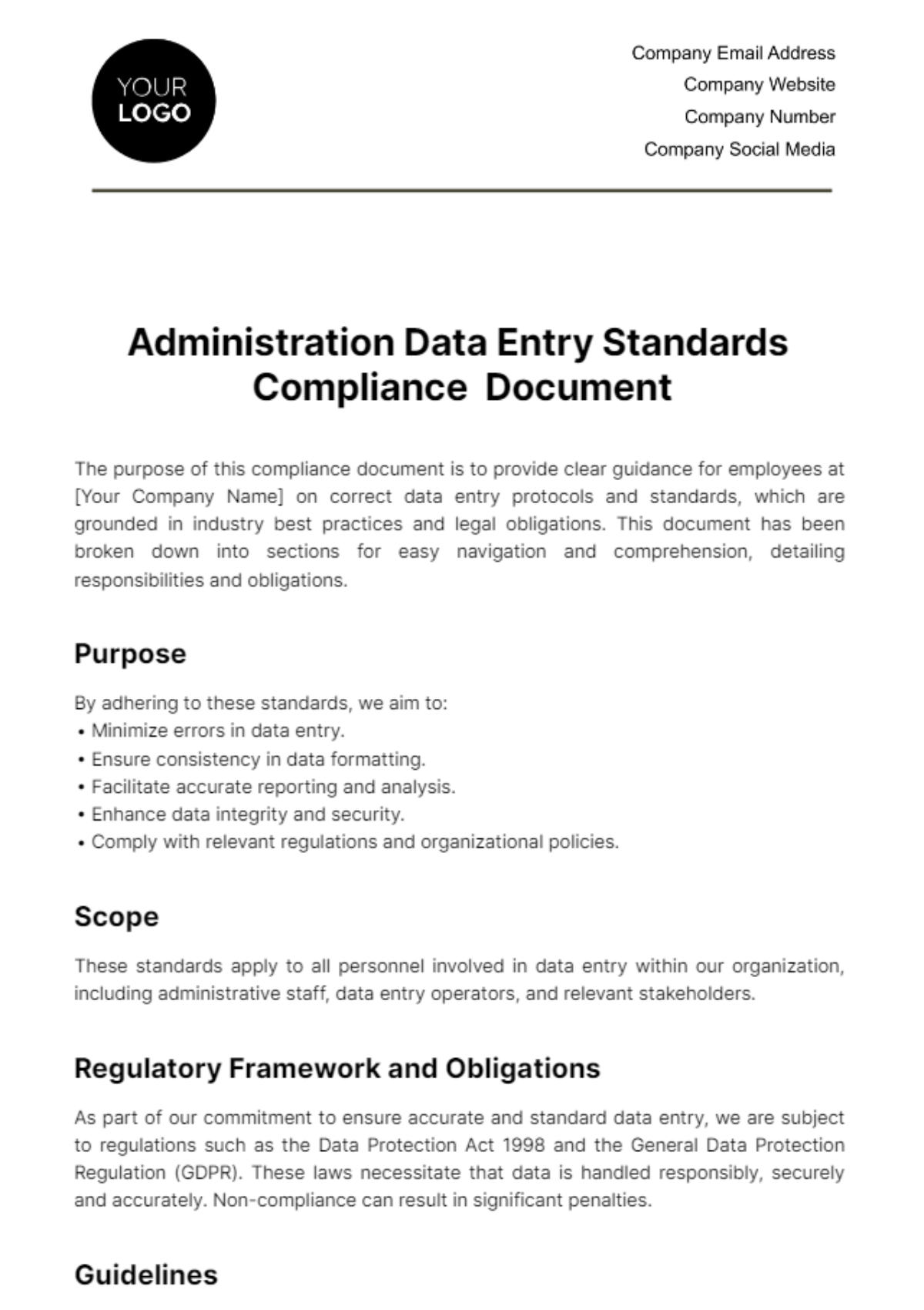 Administration Data Entry Standards Compliance Document Template