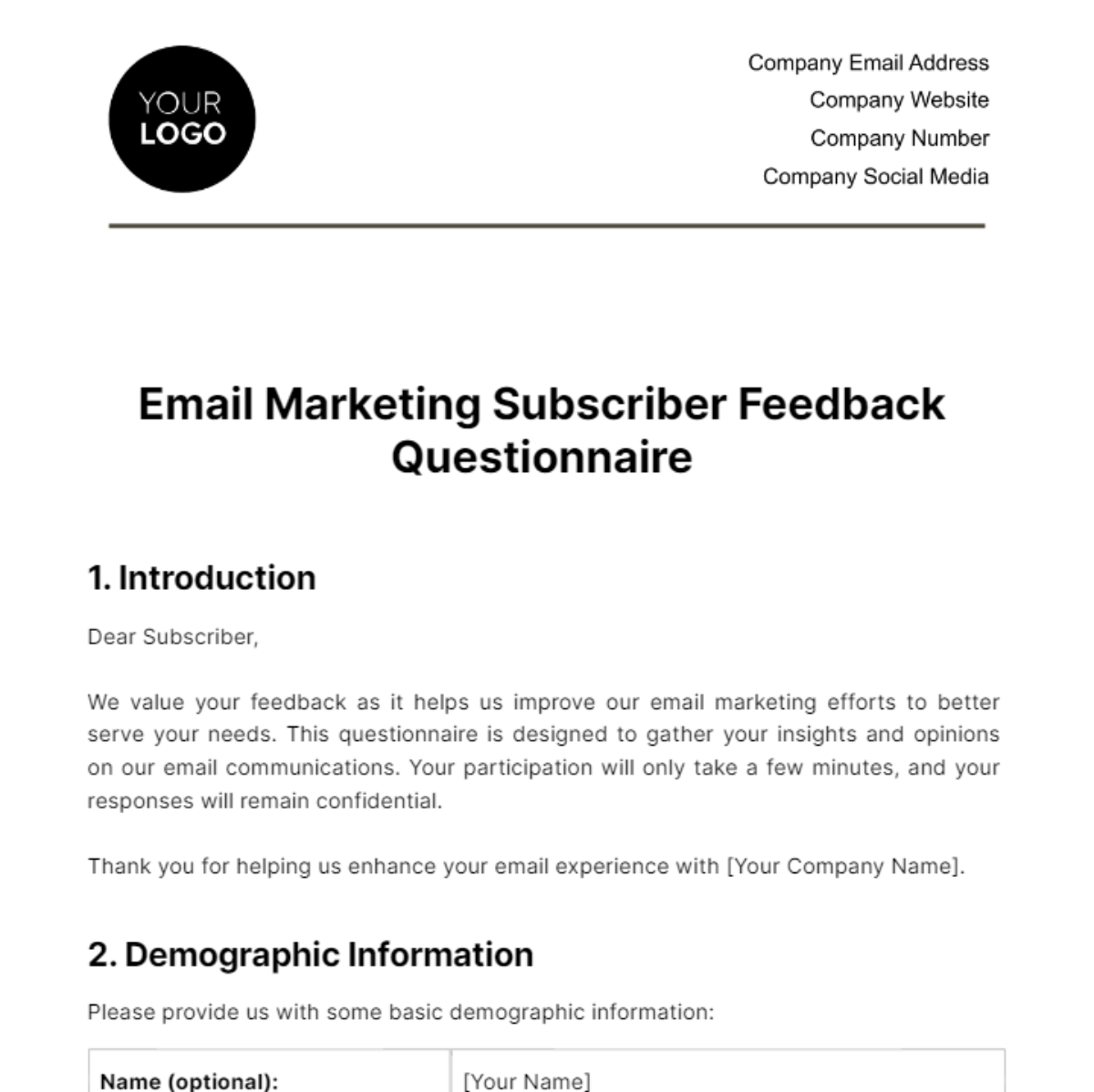 Email Marketing Subscriber Feedback Questionnaire Template