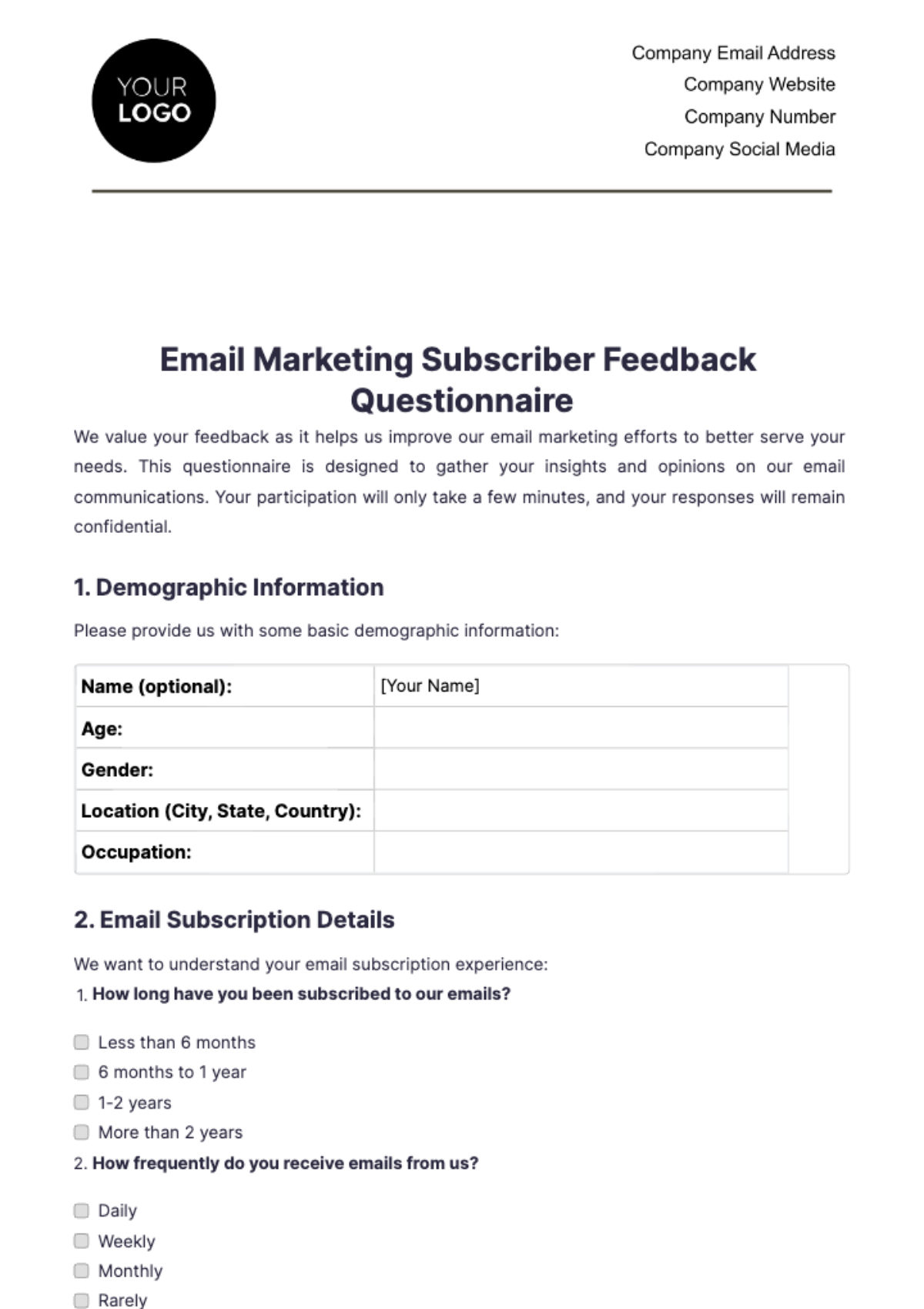 Email Marketing Subscriber Feedback Questionnaire Template