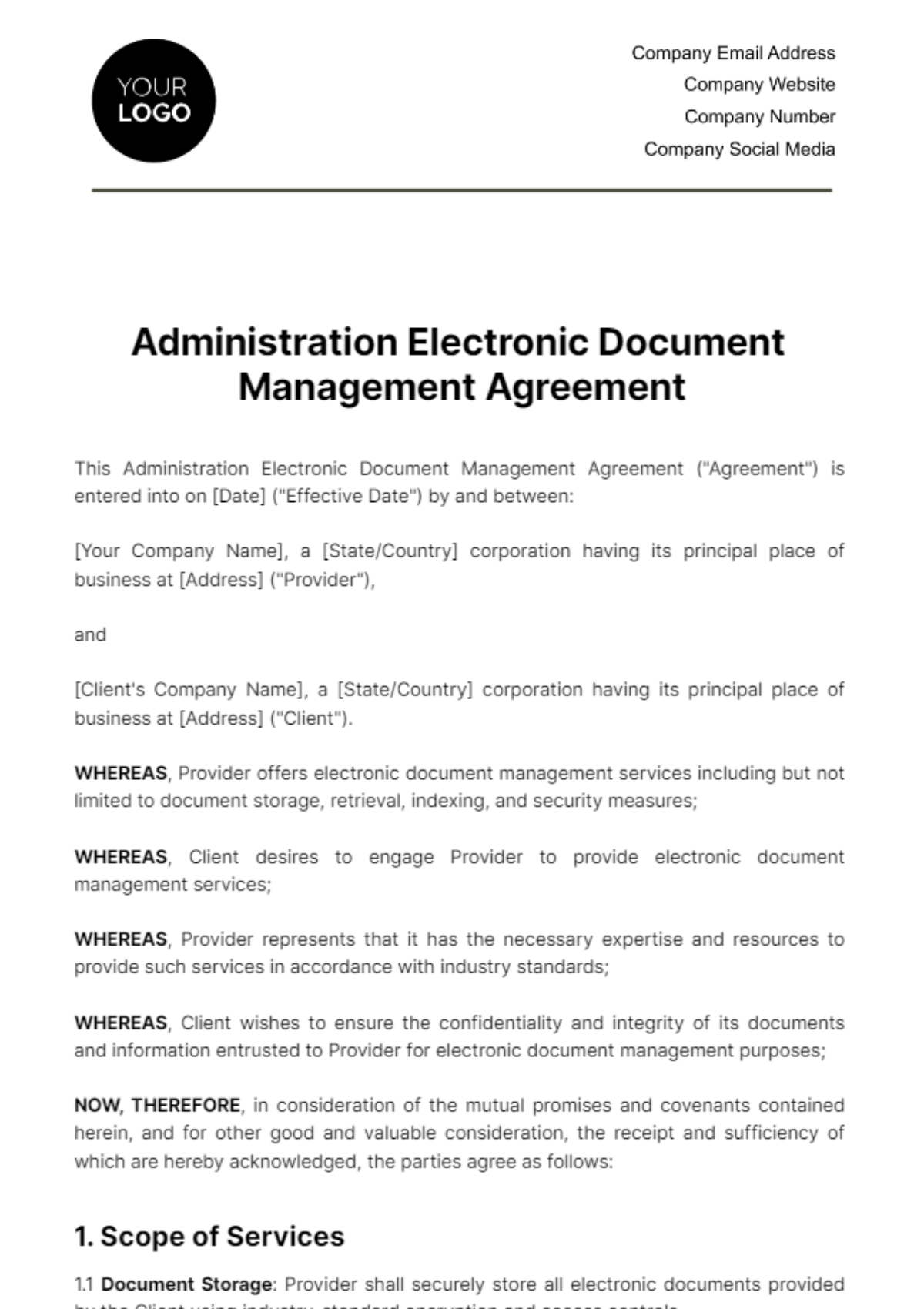 Free Administration Electronic Document Management Agreement Template