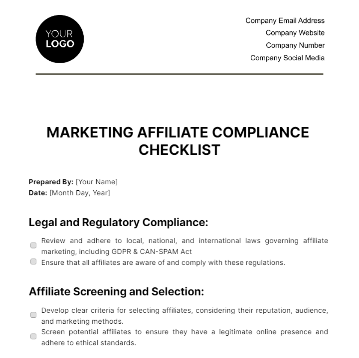 Free Marketing Affiliate Compliance Checklist Template