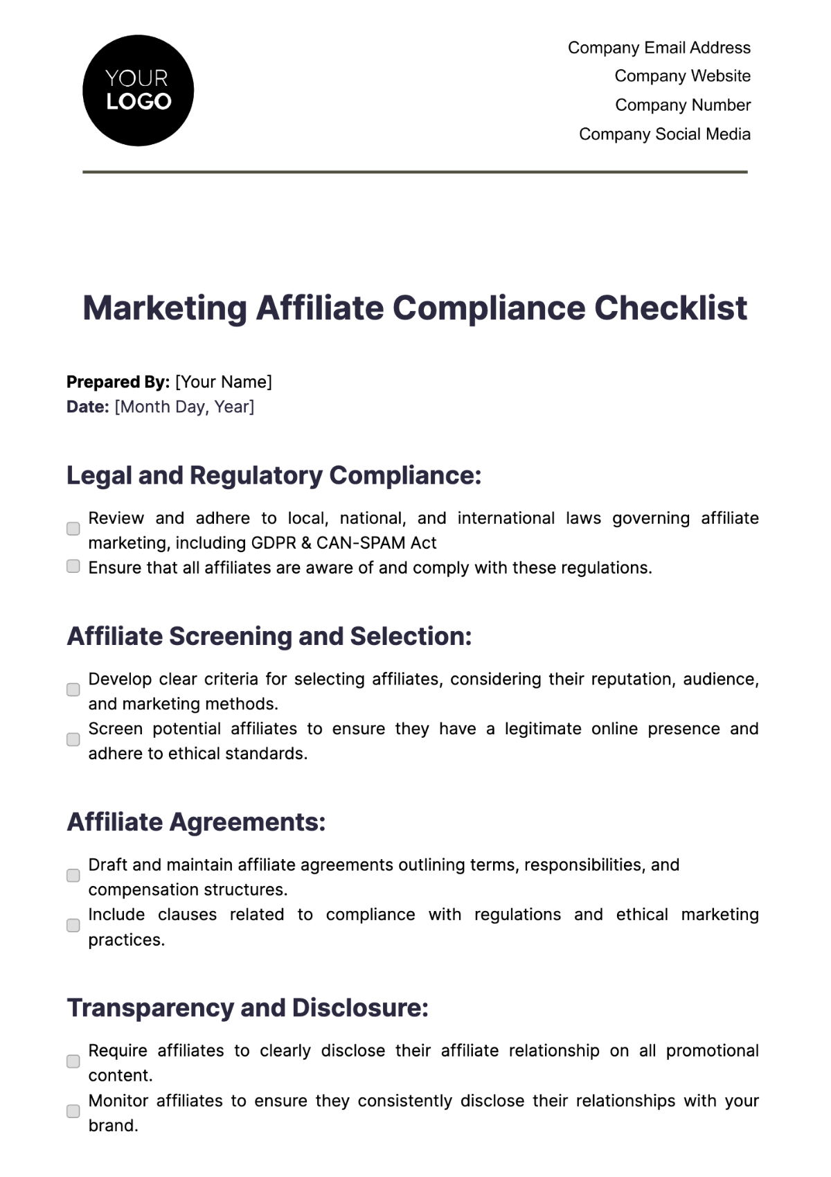 Marketing Affiliate Compliance Checklist Template - Edit Online & Download