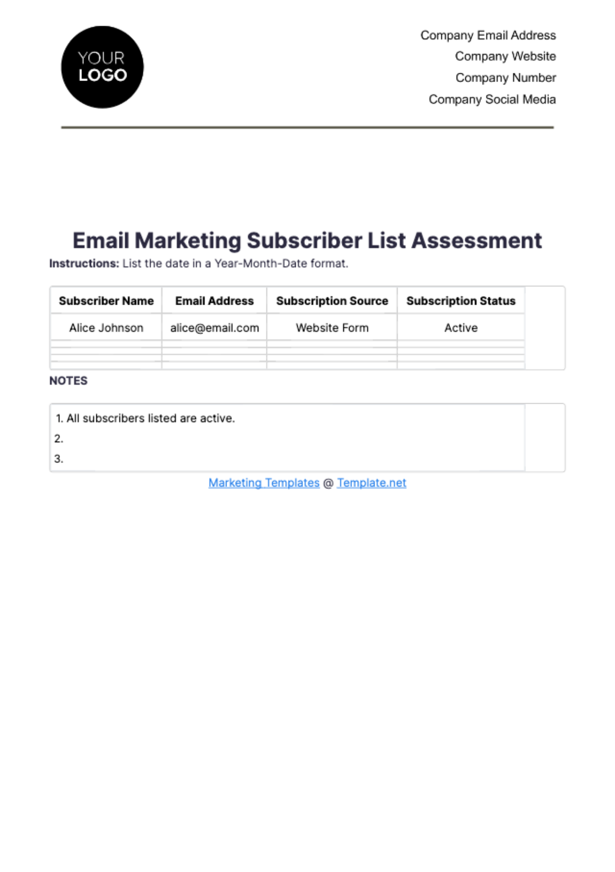 Free Email Marketing Subscriber List Assessment Template to Edit Online