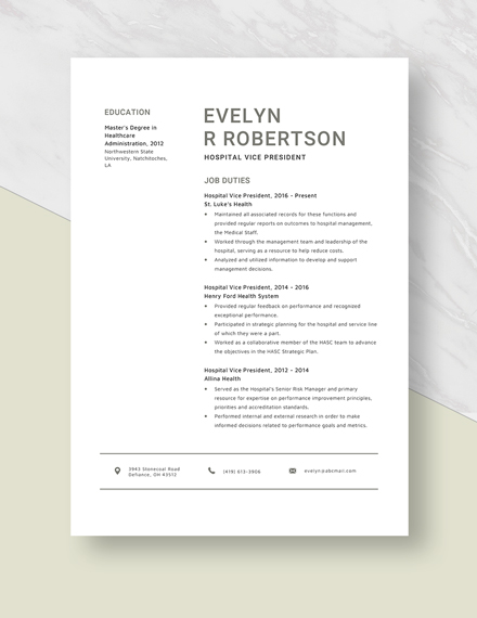 Free Hospital Vice President Resume Template Word Apple Pages Template
