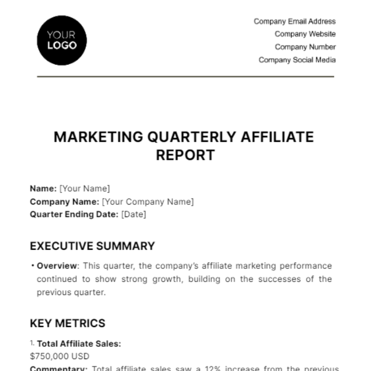 Free Marketing Quarterly Affiliate Report Template
