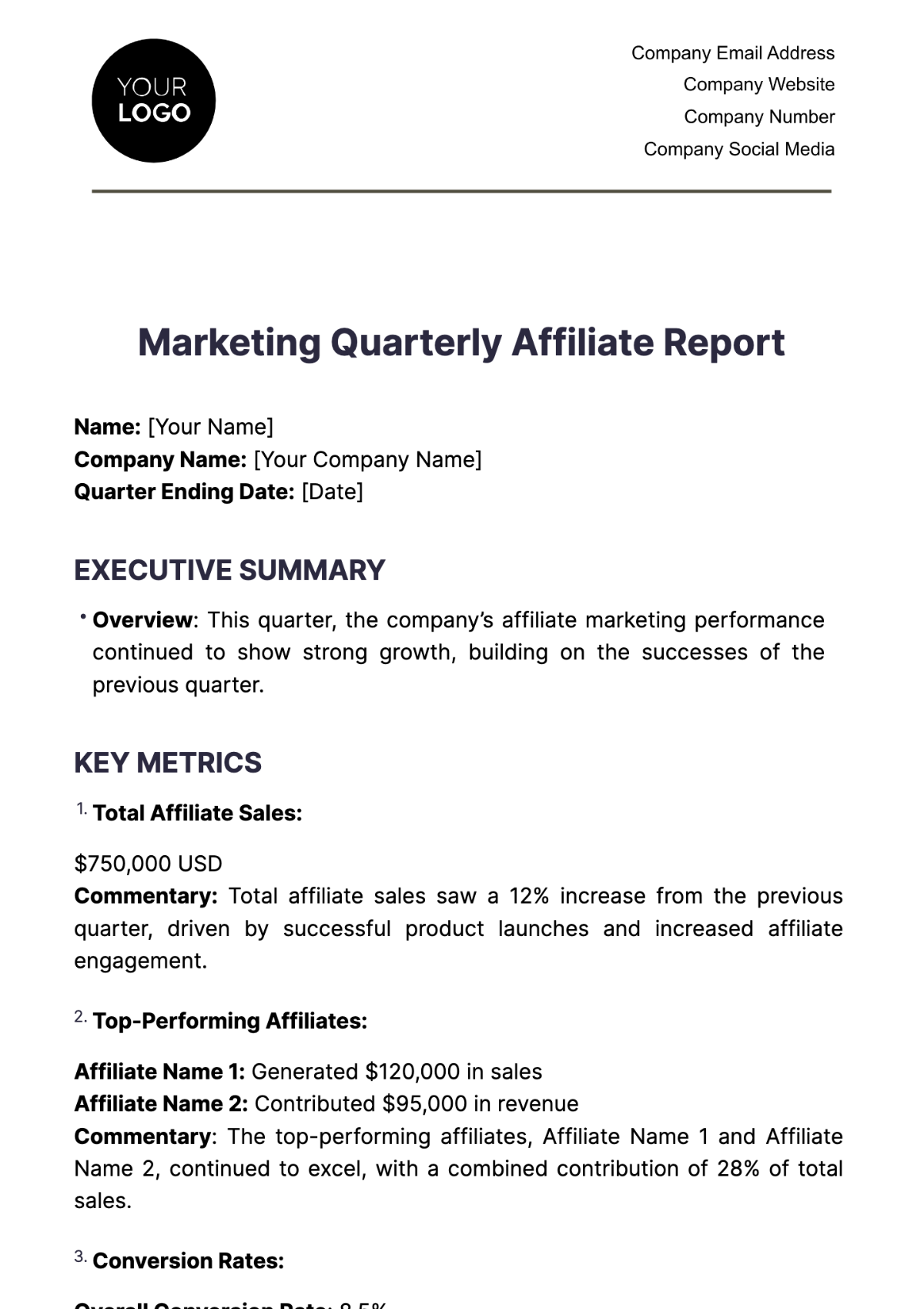 Marketing Quarterly Affiliate Report Template - Edit Online & Download