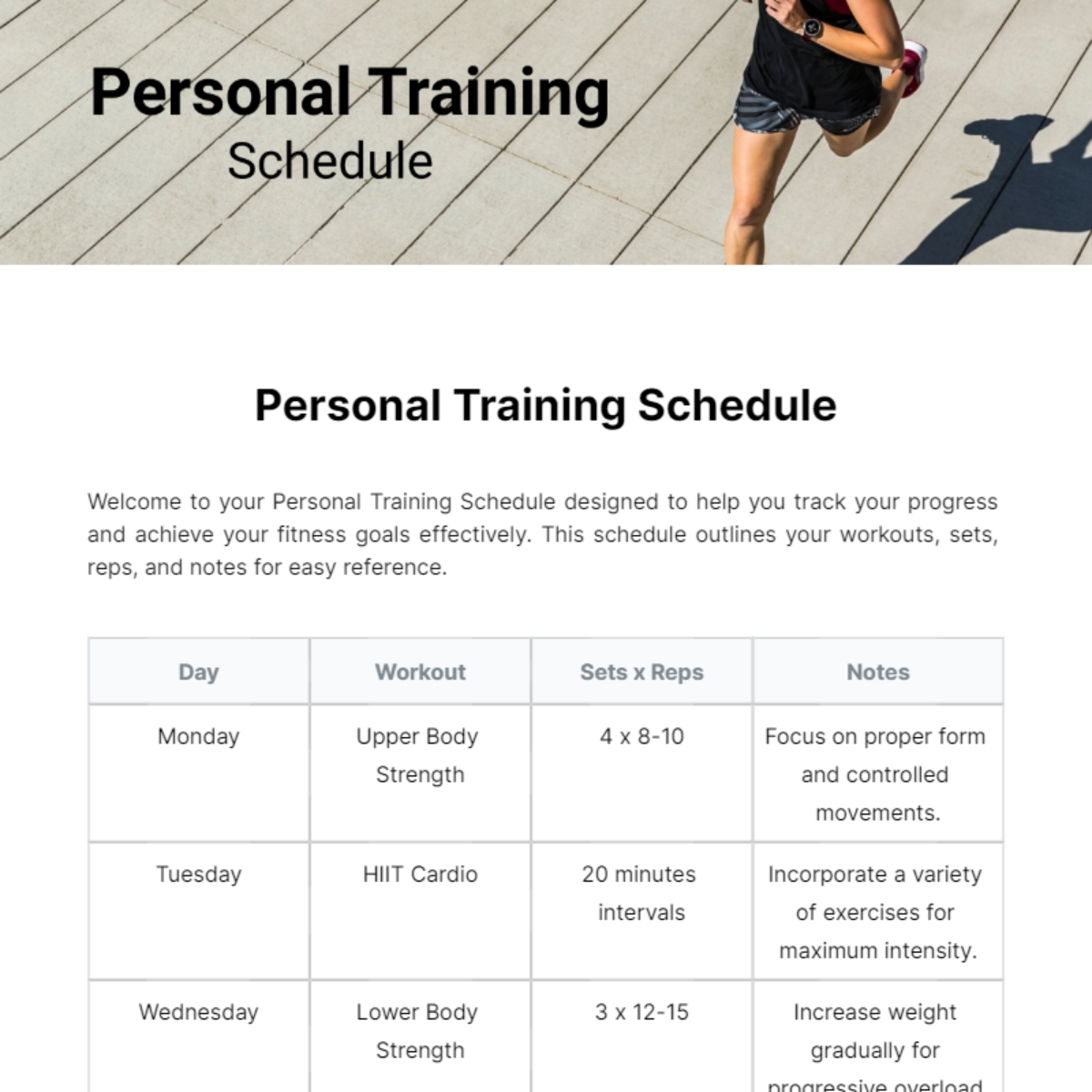 Personal Training Schedule Template