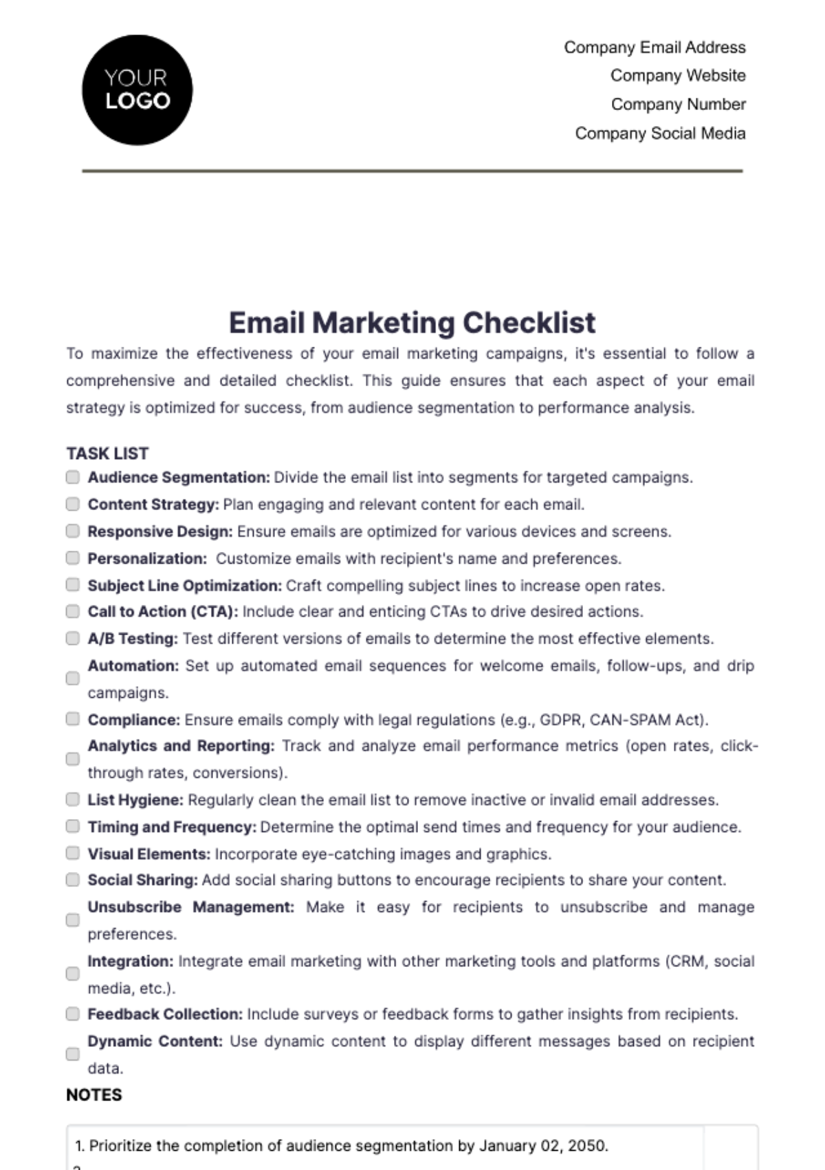 Email Marketing Checklist Template - Edit Online & Download