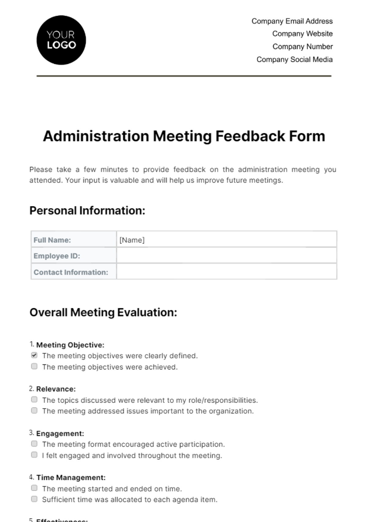 Free Administration Meeting Feedback Form Template