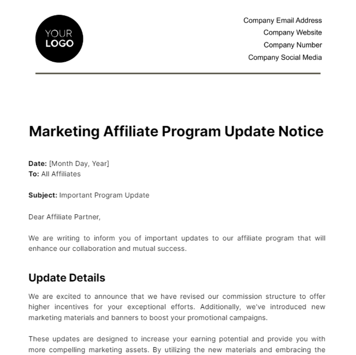 Marketing Affiliate Program Update Notice Template