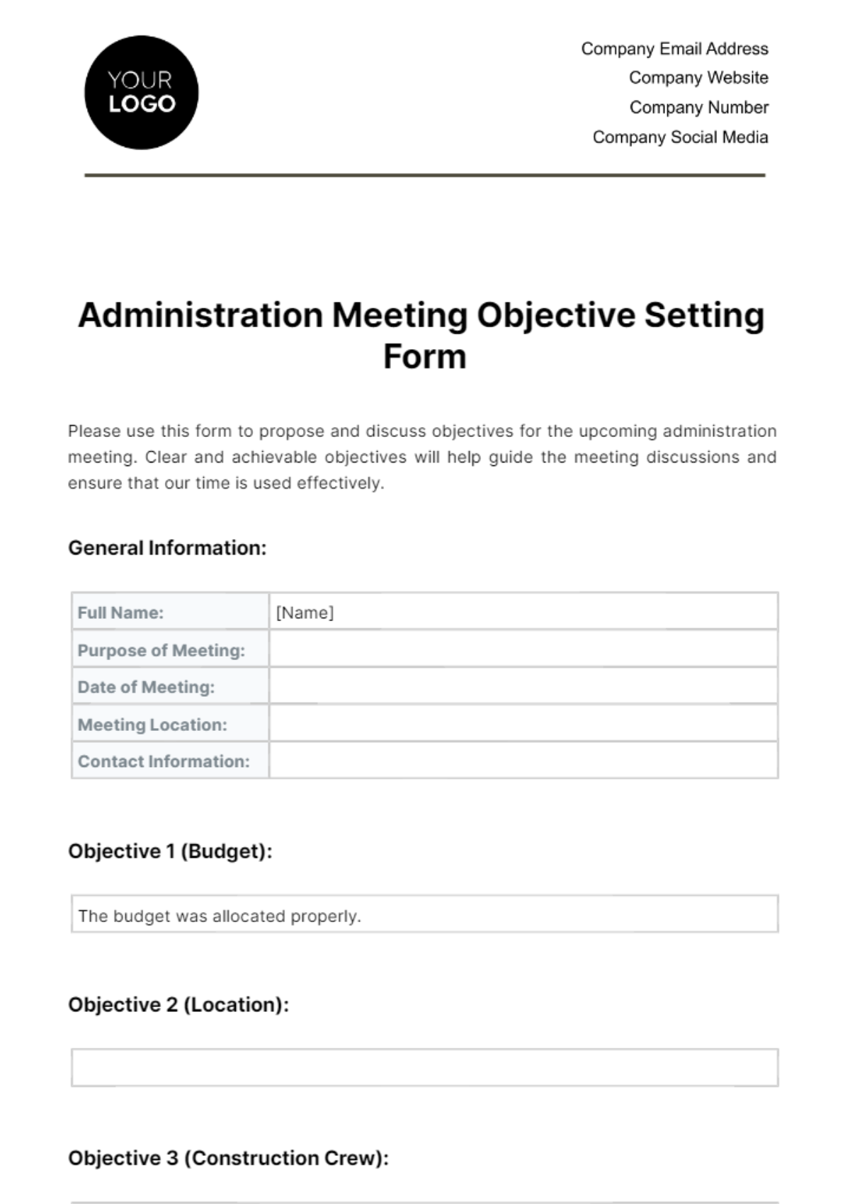 Administration Meeting Objective Setting Form Template