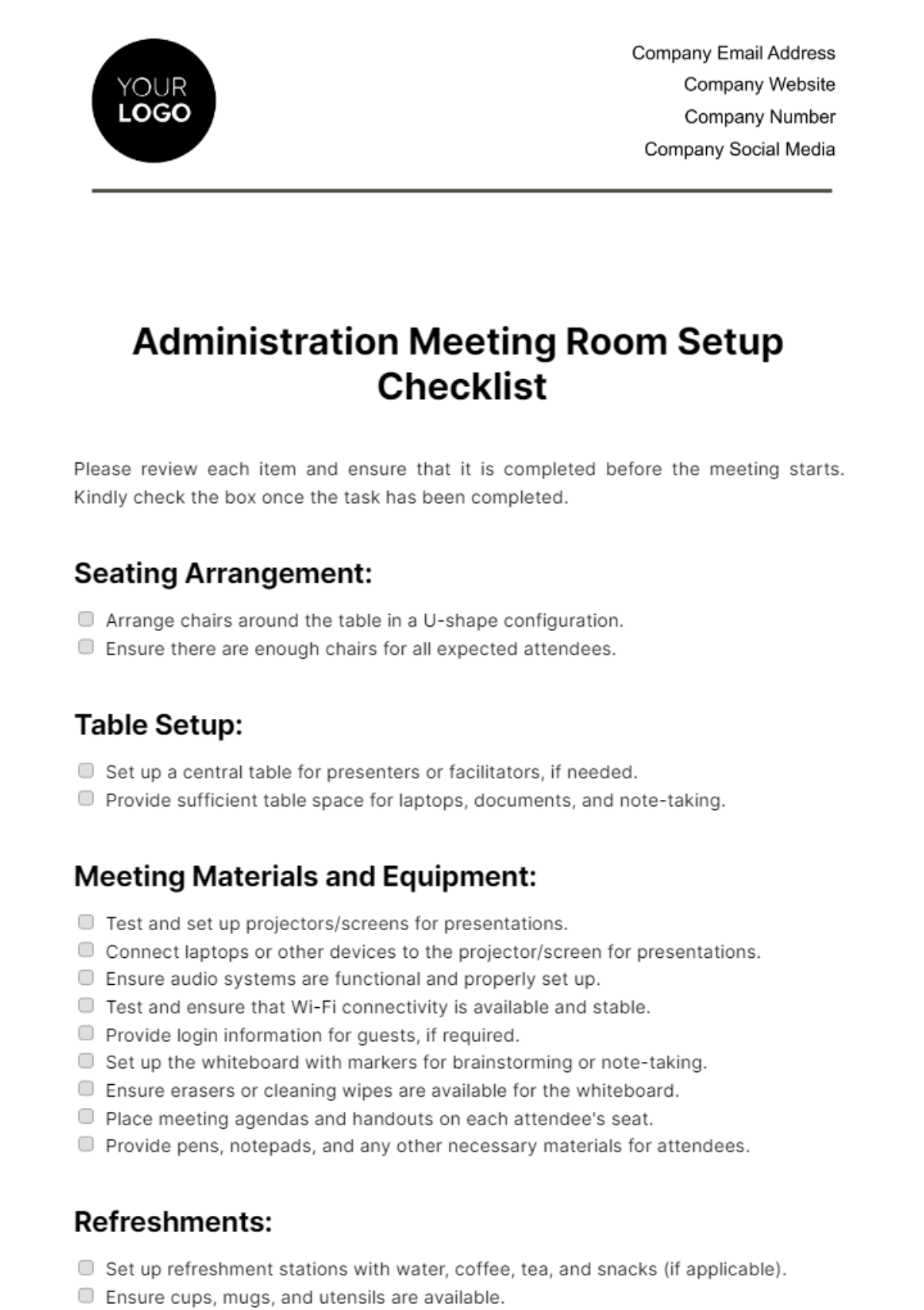 Administration Meeting Room Setup Checklist Template