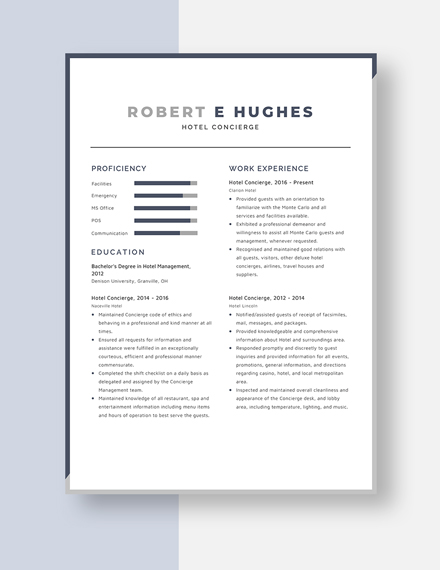 Free Hotel Concierge Resume Template - Word, Apple Pages | Template.net