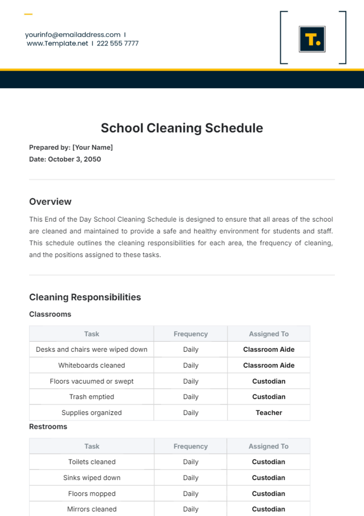 School Cleaning Schedule Template - Edit Online & Download