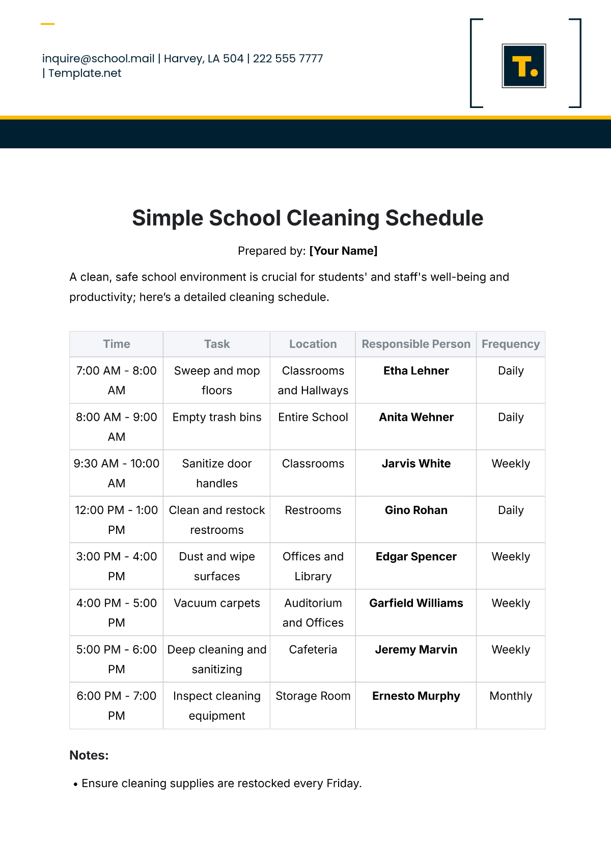 Simple School Cleaning Schedule Template - Edit Online & Download