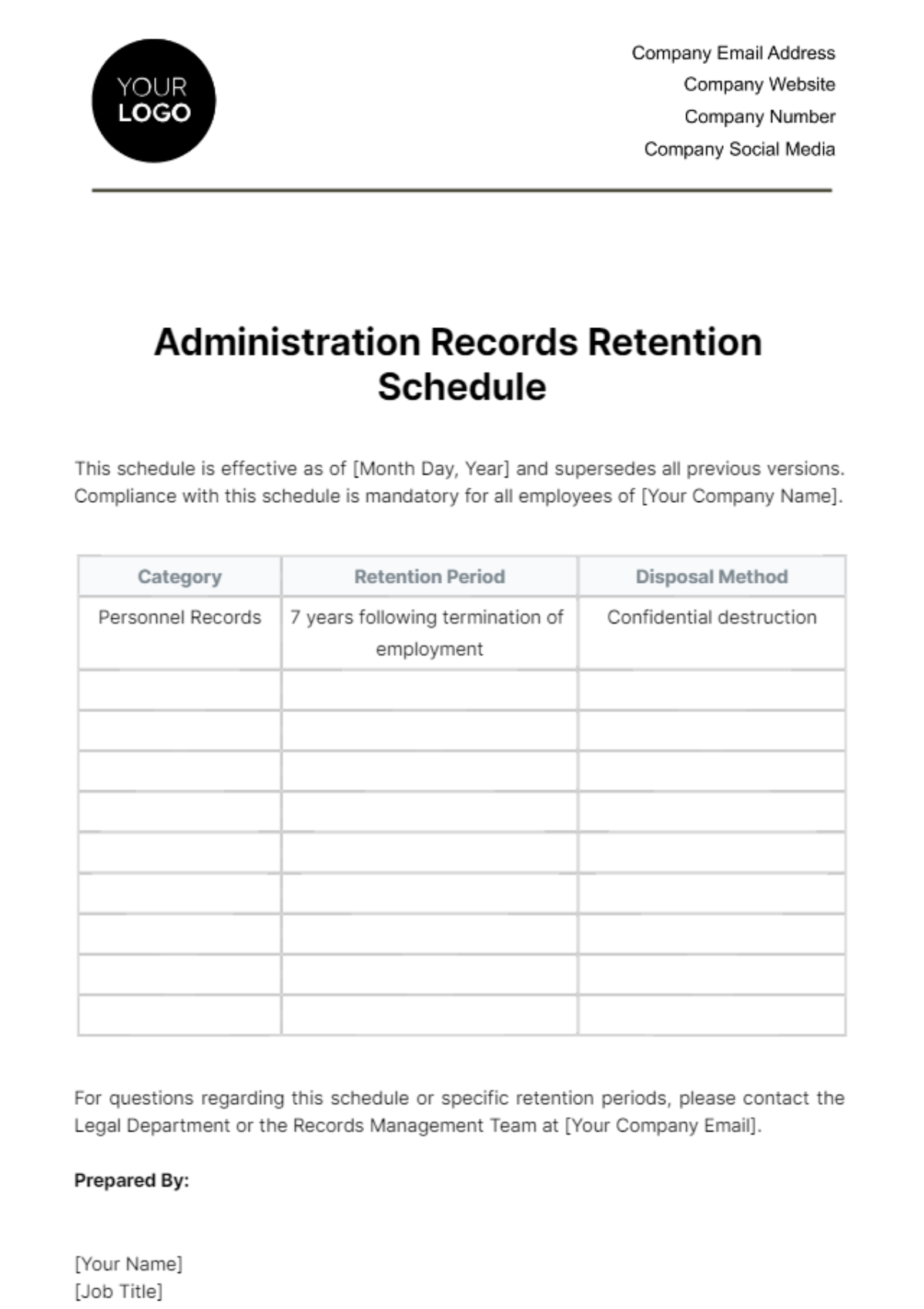 Free Administration Records Retention Schedule Template