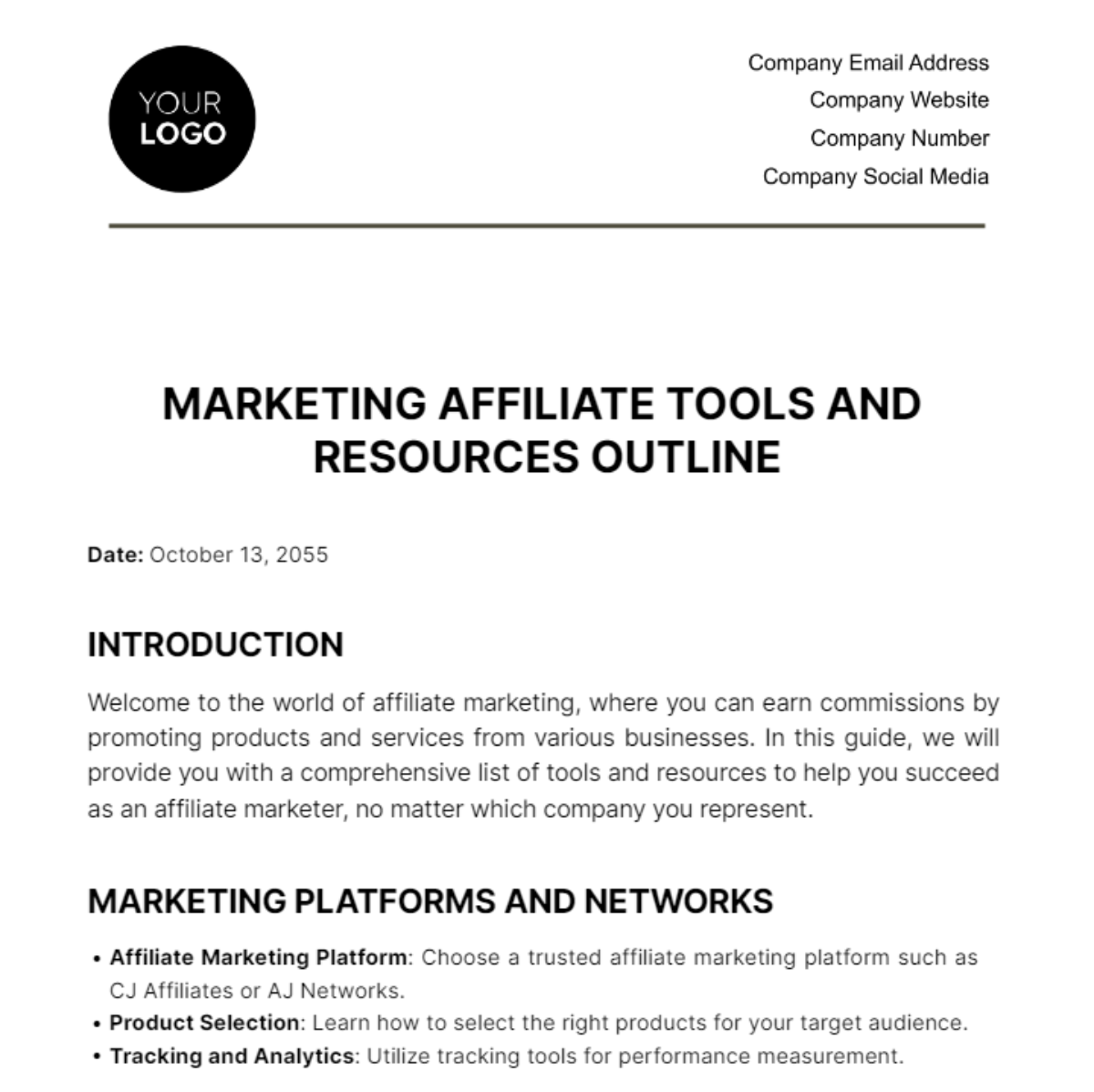 Free Marketing Affiliate Tools & Resources Outline Template