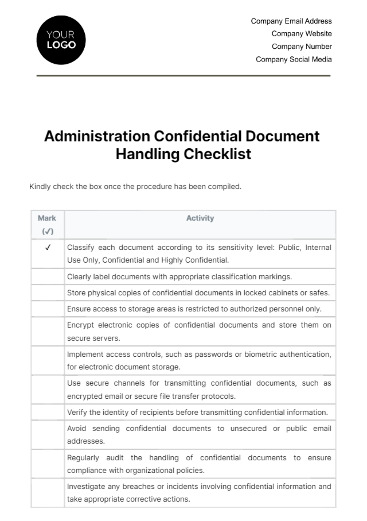 Free Administration Confidential Document Handling Checklist Template