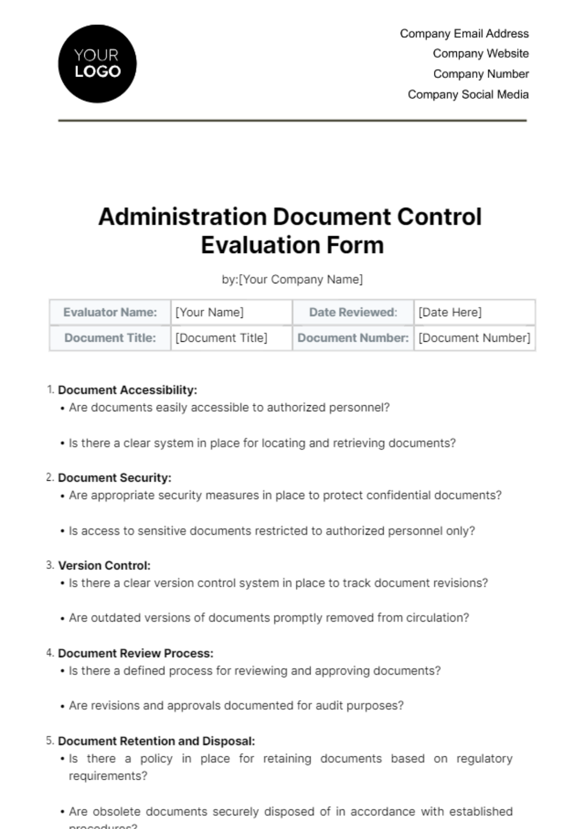 Free Administration Document Control Evaluation Form Template