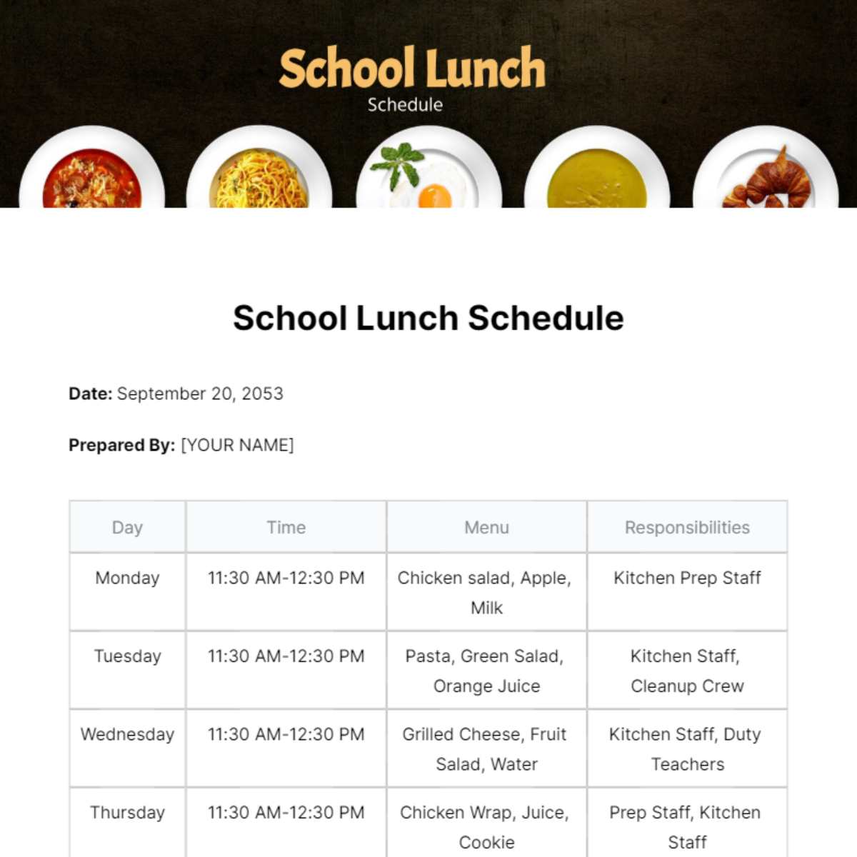 School Lunch Schedule Template