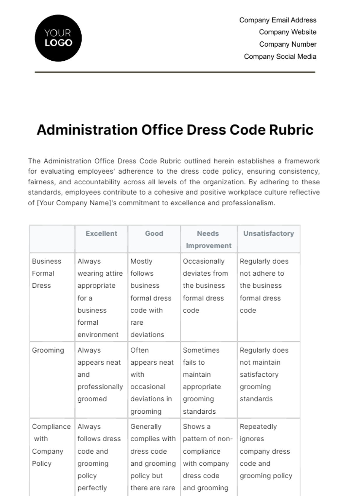 Free Administration Office Dress Code Rubric Template