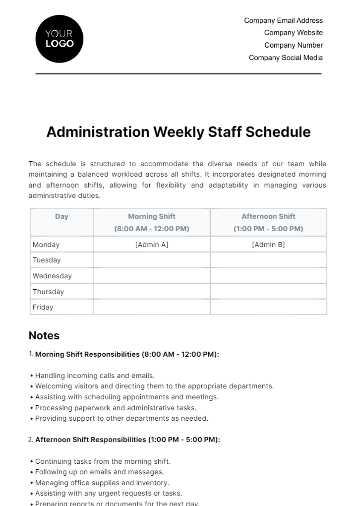 Free Administration Weekly Staff Schedule Template