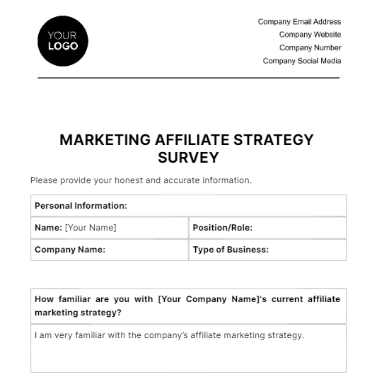 Free Marketing Affiliate Strategy Survey Template