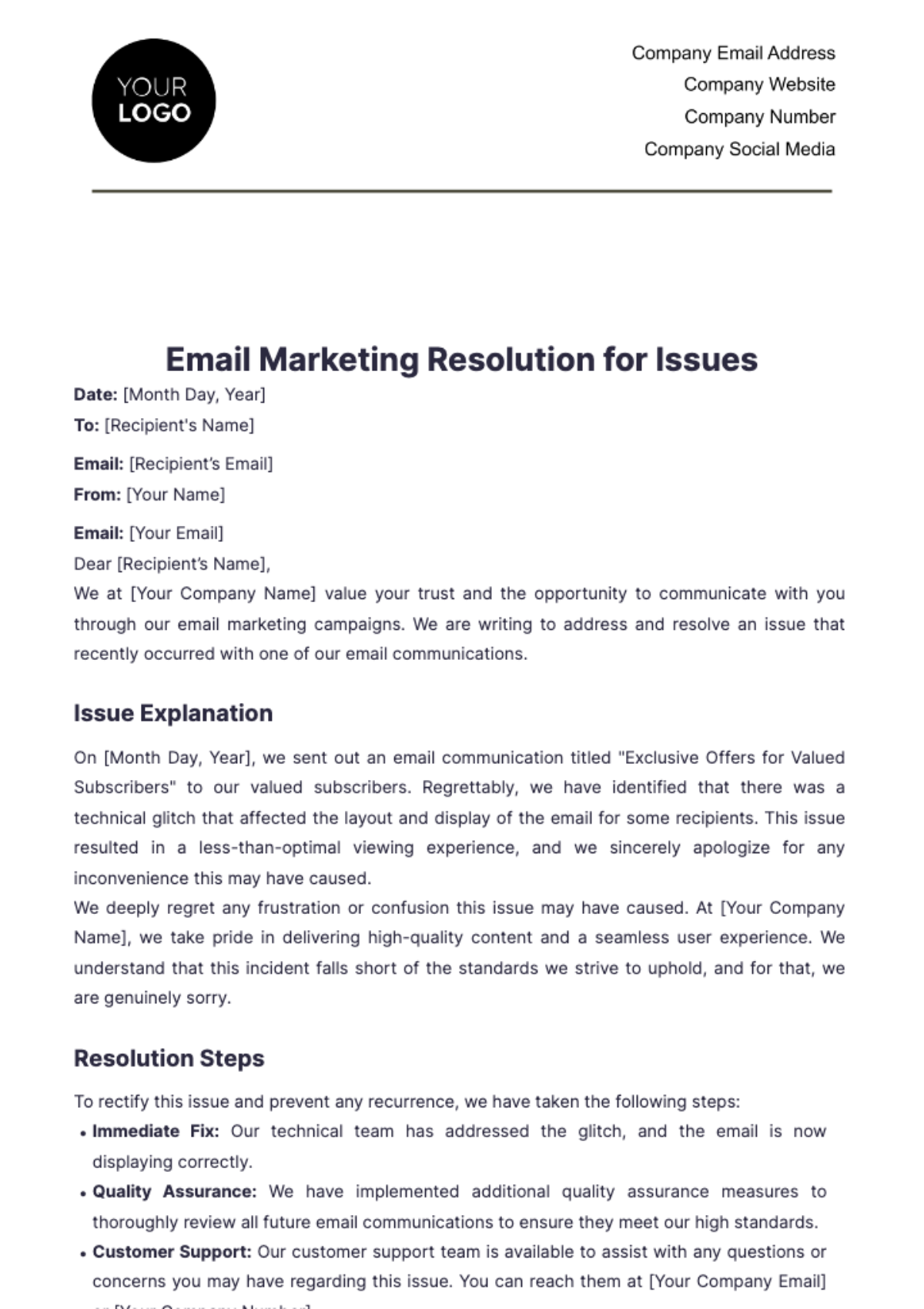 Free Email Marketing Resolution For Issues Template Edit Online