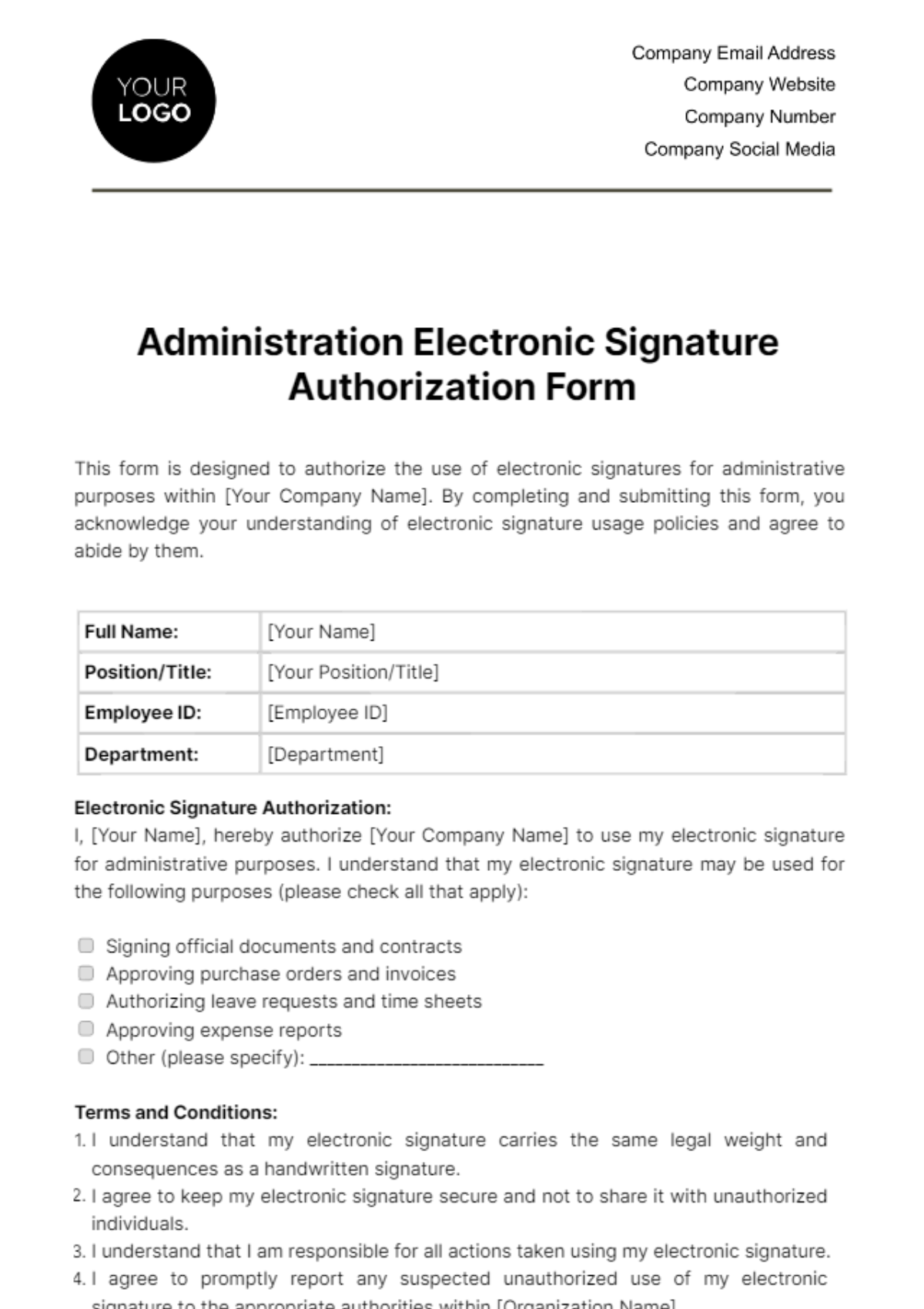 Administration Electronic Signature Authorization Form Template