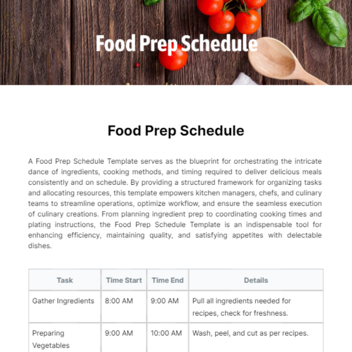 Food Prep Schedule Template
