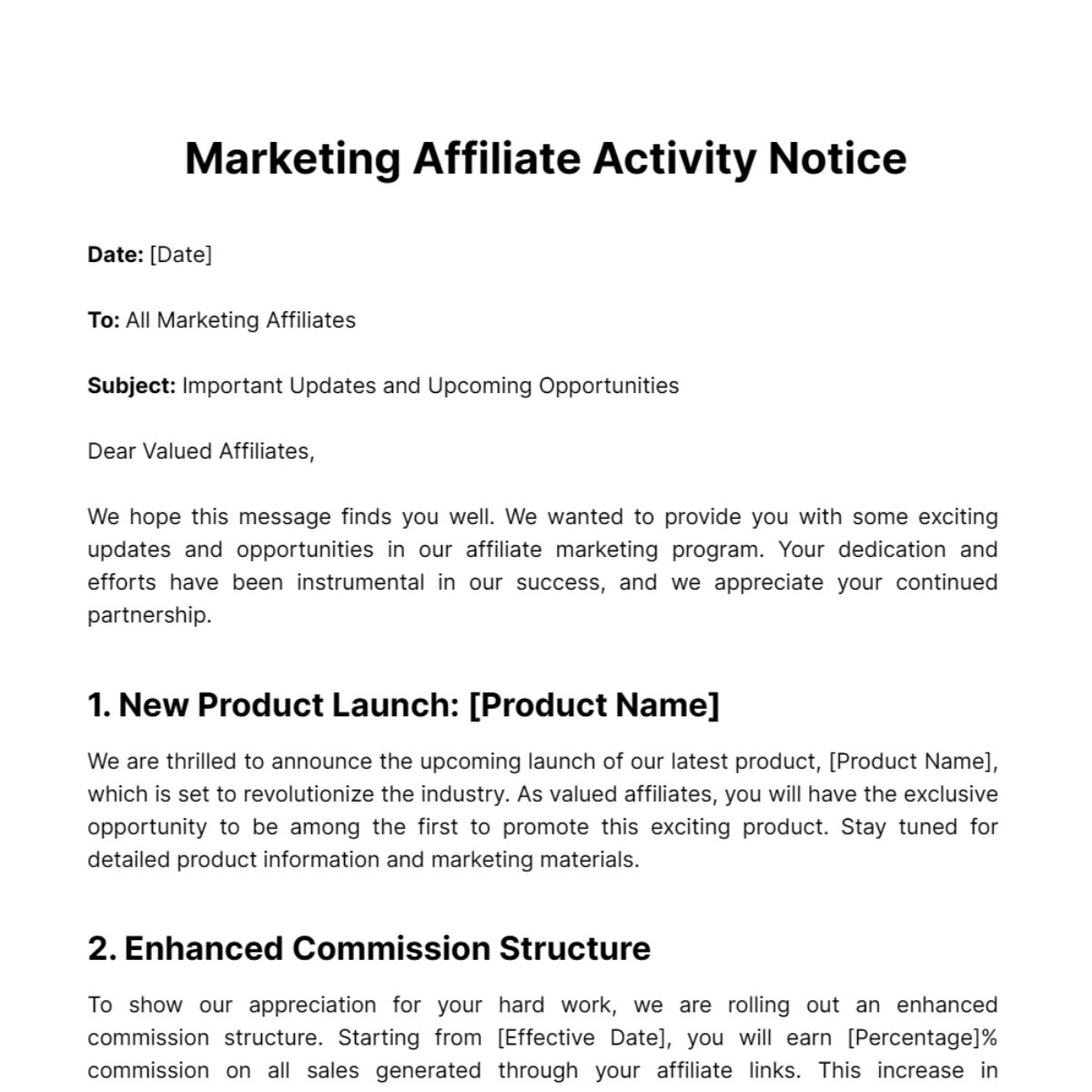 Marketing Affiliate Activity Notice Template