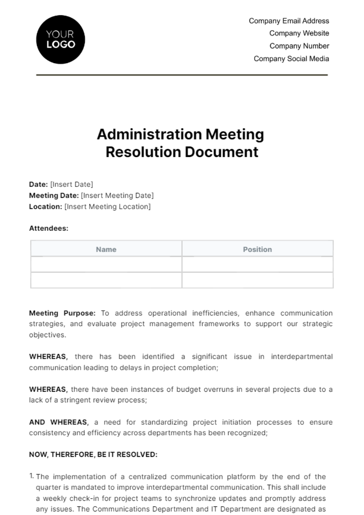 Administration Meeting Resolution Document Template