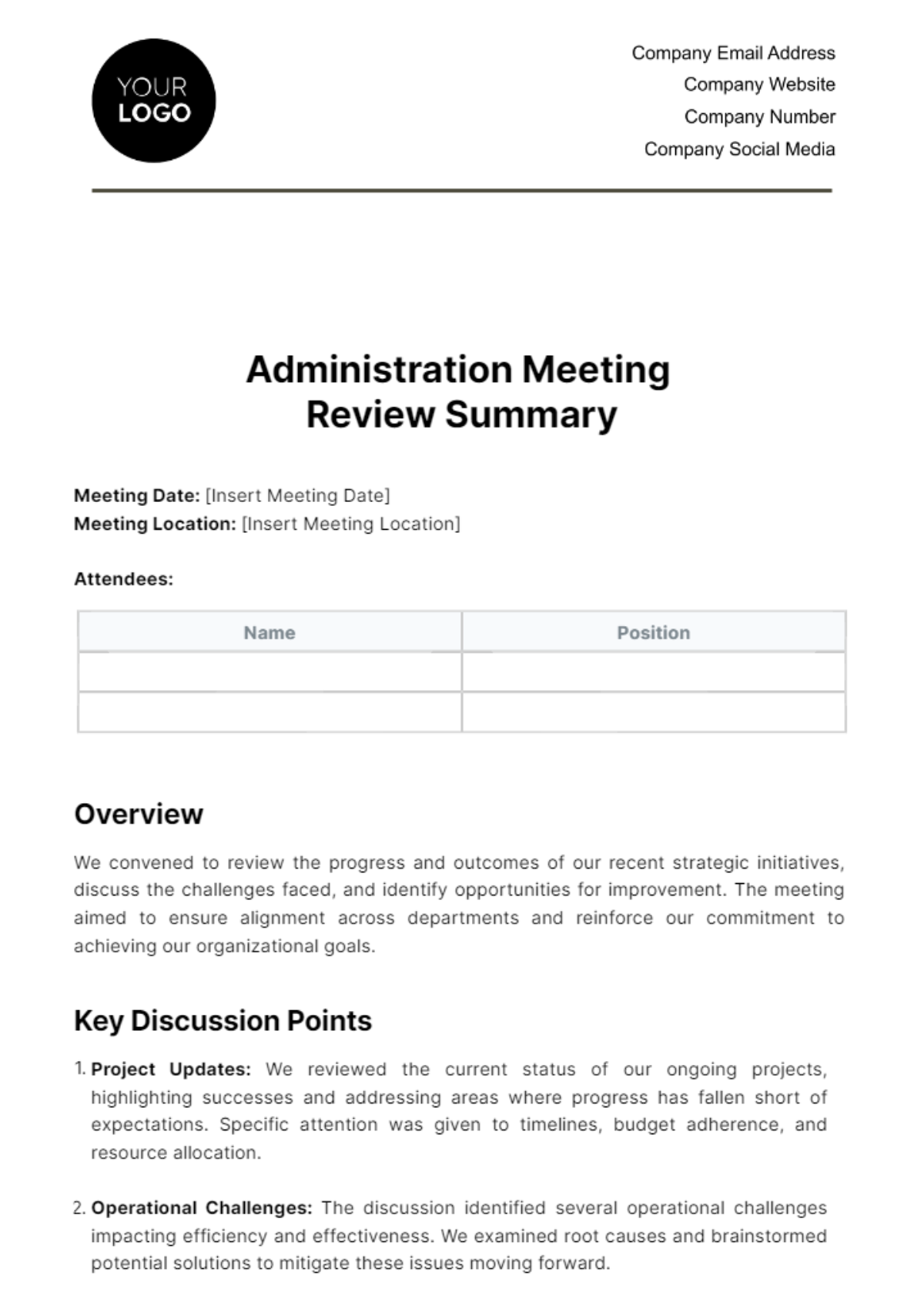 Administration Meeting Review Summary Template