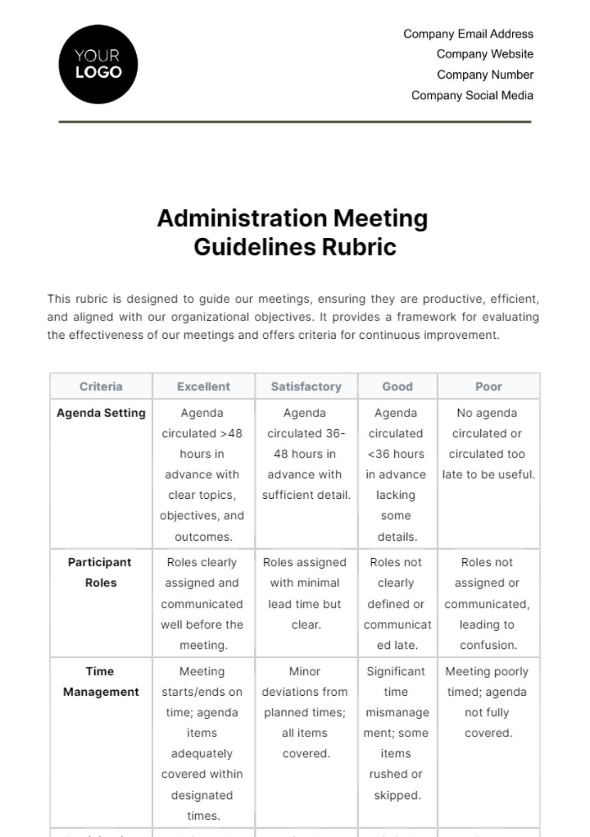 Free Administration Meeting Guidelines Rubric Template