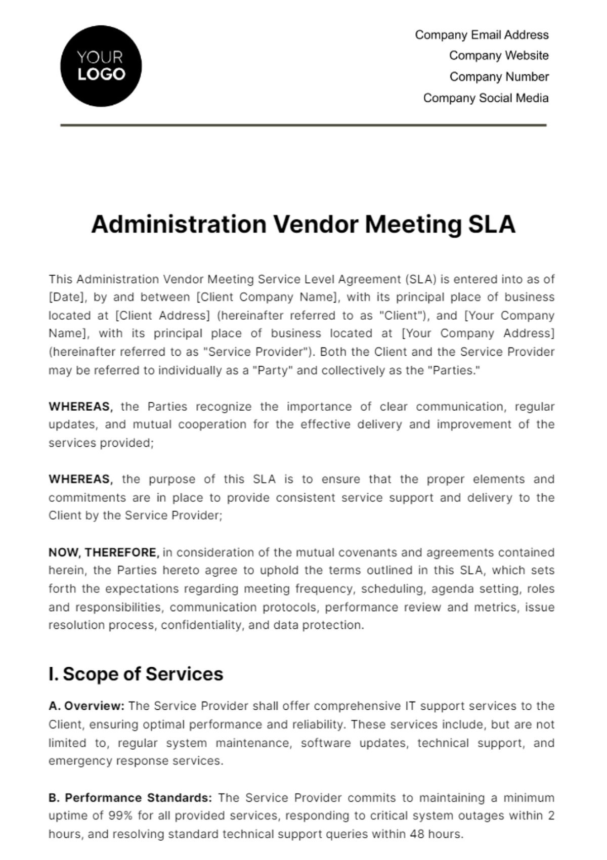 Free Administration Vendor Meeting SLA Template