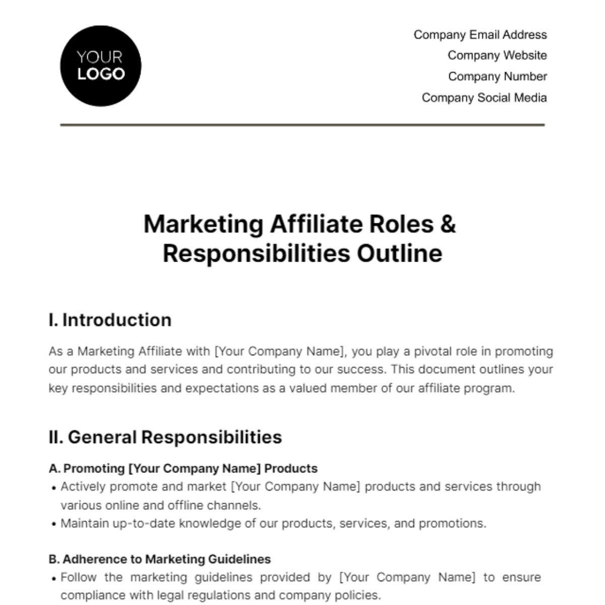 Marketing Affiliate Roles & Responsibilities Outline Template